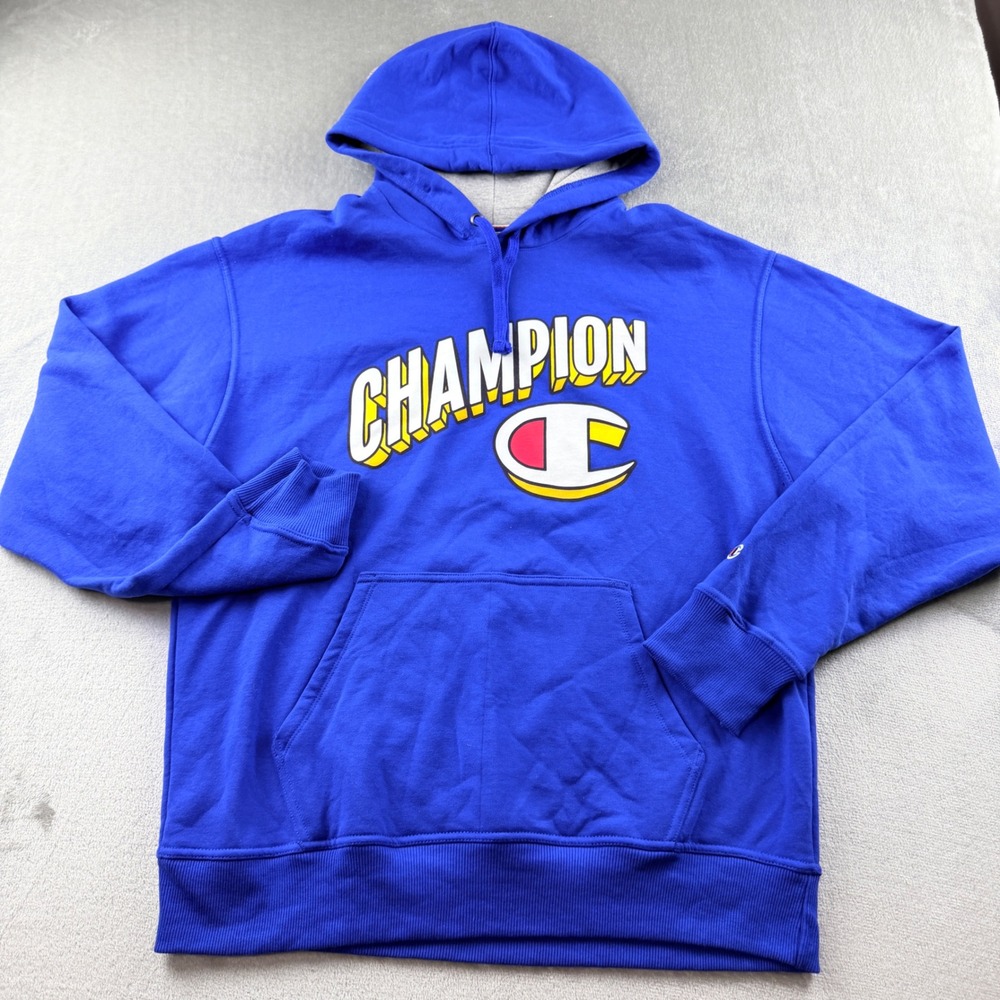 Champion Men's Large Blue Graphic Logo Pullover Long Sleeve Hoodie GF89H